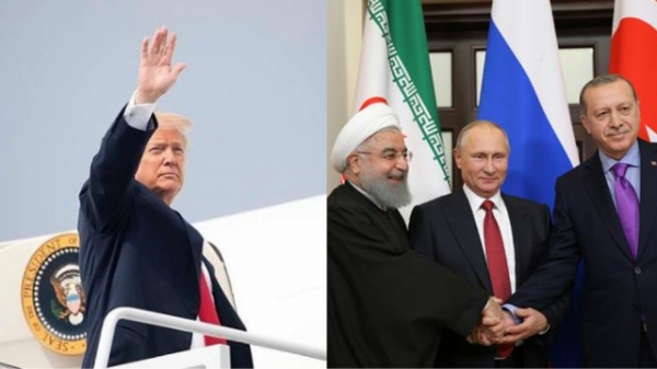 트럼프 미국 대통령(좌측 사진)과 지난해 11월 러시아 소치에서 만나 시리아 사태를 논의한 로하니 이란 대통령, 푸틴 러시아 대통령, 에르도안 터키 대통령(우측 사진 왼쪽부터) (사진=백악관 공식인스타그램 및 터키 정부 공식 홈페이지 취합)
