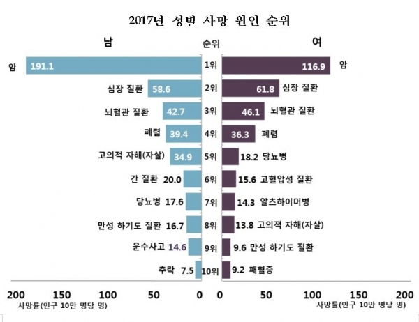 2017년 성별 사망원인 순위. (자료=통계청)