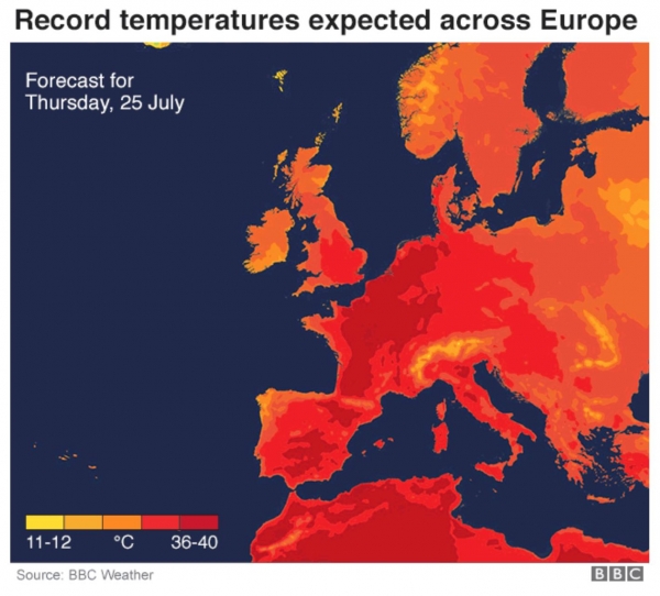 7월 25일 유럽 최고 기온 지도(사진=BBC 뉴스 캡쳐)