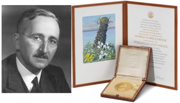 프리드리히 하이에크와 그가 받은 노벨상 메달. (사진=소더비 경매)