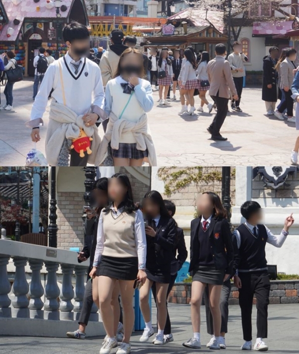 사진은 기사와 무관. 교복을 입은 청소년들이 롯데월드 안을 걸어 다니고 있다. (사진=한국일보 이혜인 인턴기자)