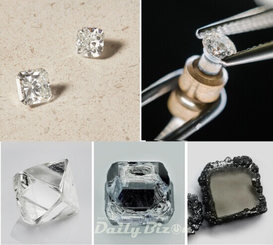 왼쪽 상단: 어셔 컷 및 쿠션 컷 천연 다이아몬드; 천연 다이아몬드의 선명도 등급/ 왼쪽 하단: 천연 다이아몬드 러프, HPHT 다이아몬드(LGD) 러프, CVD 다이아몬드(LGD) 러프(사진=